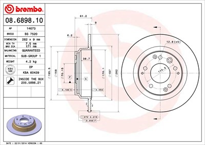 Brembo Bremsscheibe Hinterachse Voll [Hersteller-Nr. 08.6898.10] für Honda von BREMBO