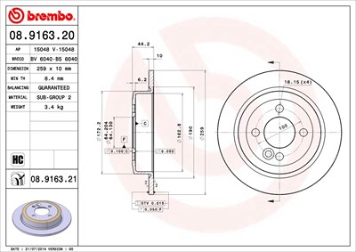 Brembo Bremsscheibe voll hinten [Hersteller-Nr. 08.9163.21] für Mini von BREMBO