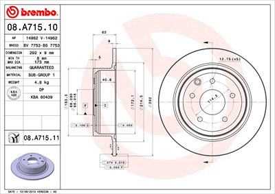 Brembo Bremsscheibe Hinterachse Voll [Hersteller-Nr. 08.A715.11] für Nissan von BREMBO