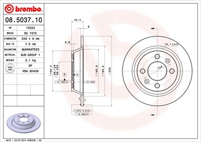 Brembo Bremsscheibe Hinterachse Voll [Hersteller-Nr. 08.5037.10] für Saab von BREMBO