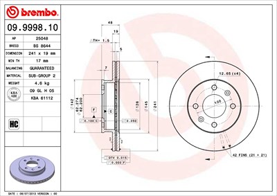 Brembo Bremsscheibe [Hersteller-Nr. 09.9998.10] für Hyundai von BREMBO