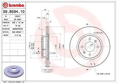 Brembo Bremsscheibe [Hersteller-Nr. 09.B594.10] für Hyundai von BREMBO