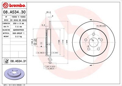 Brembo Bremsscheibe [Hersteller-Nr. 08.A534.31] für Subaru, Toyota von BREMBO