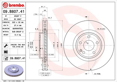 Brembo 1x Bremsscheibe [Hersteller-Nr. 09.B807.41] für Mercedes-Benz von BREMBO