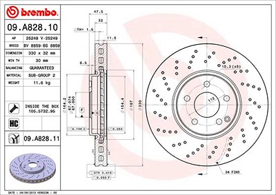 Brembo 1x Bremsscheibe [Hersteller-Nr. 09.A828.11] für Mercedes-Benz von BREMBO