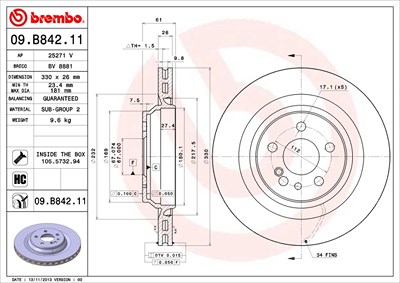 Brembo 1x Bremsscheibe [Hersteller-Nr. 09.B842.11] für Mercedes-Benz von BREMBO