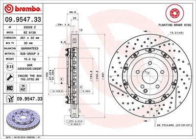 Brembo 1x Bremsscheibe [Hersteller-Nr. 09.9547.33] für Mercedes-Benz von BREMBO