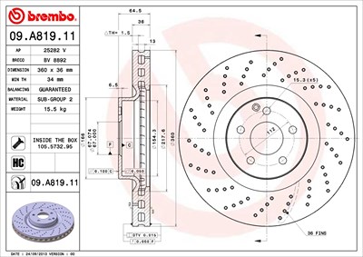 Brembo 1x Bremsscheibe [Hersteller-Nr. 09.A819.11] für Mercedes-Benz von BREMBO