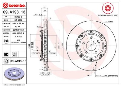 Brembo 1x Bremsscheibe [Hersteller-Nr. 09.A193.13] für Mitsubishi von BREMBO