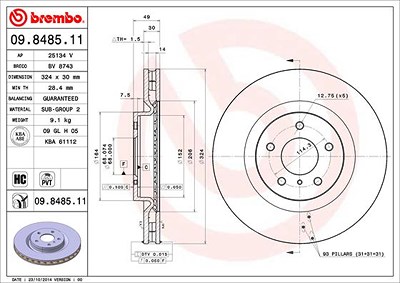 Brembo 1x Bremsscheibe [Hersteller-Nr. 09.8485.11] für Nissan von BREMBO