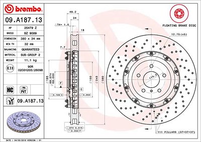 Brembo 1x Bremsscheibe [Hersteller-Nr. 09.A187.13] für Nissan von BREMBO