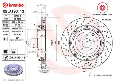 Brembo 1x Bremsscheibe [Hersteller-Nr. 09.A190.13] für Nissan von BREMBO