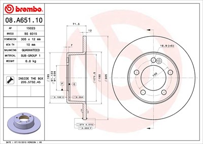 Brembo Bremsscheibe Hinterachse Voll [Hersteller-Nr. 08.A651.10] für Nissan, Opel, Renault von BREMBO