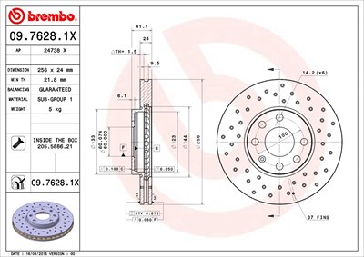 Brembo Bremsscheibe [Hersteller-Nr. 09.7628.1X] für Opel, Vauxhall von BREMBO