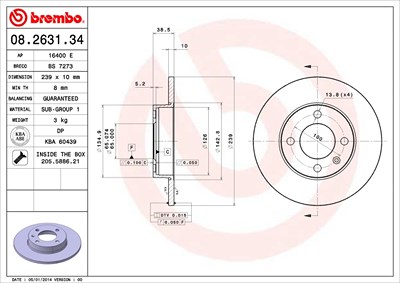 Brembo Bremsscheibe Vorder-/Hinterachse Voll [Hersteller-Nr. 08.2631.34] für Audi, Seat, VW von BREMBO