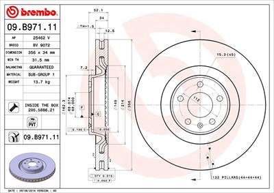 Brembo 1x Bremsscheibe Vorderachse Belüftet [Hersteller-Nr. 09.B971.11] für Audi von BREMBO