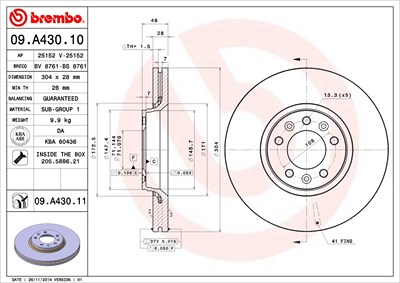 Brembo 1x Bremsscheibe Vorderachse Belüftet [Hersteller-Nr. 09.A430.11] für Citroën, Fiat, Peugeot, Toyota von BREMBO