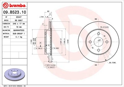 Brembo Bremsscheibe Vorderachse Belüftet [Hersteller-Nr. 09.B523.10] für Daihatsu, Subaru von BREMBO