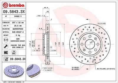 Brembo Bremsscheibe Vorderachse Belüftet [Hersteller-Nr. 09.5843.3X] für Fiat, Opel von BREMBO