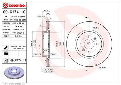 Brembo Bremsscheibe Vorderachse Belüftet [Hersteller-Nr. 09.C174.11] für Hyundai, Kia von BREMBO