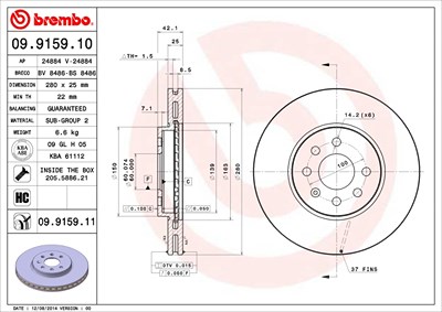 Brembo Bremsscheibe Vorderachse Belüftet [Hersteller-Nr. 09.9159.11] für Opel, Vauxhall von BREMBO