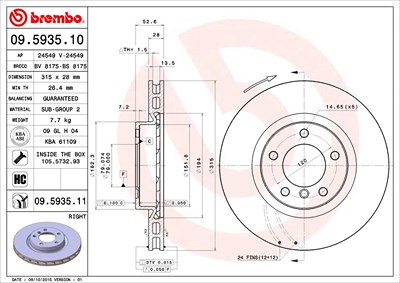 Brembo 1x Bremsscheibe Vorderachse Belüftet Rechts [Hersteller-Nr. 09.5935.11] für BMW von BREMBO