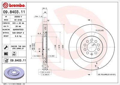 Brembo 1x Bremsscheibe Vorderachse Belüftet [Hersteller-Nr. 09.8403.11] für Seat von BREMBO