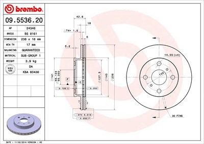 Brembo Bremsscheibe Vorderachse Belüftet [Hersteller-Nr. 09.5536.20] für Toyota von BREMBO