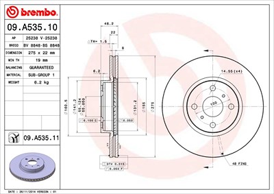 Brembo Bremsscheibe Vorderachse Belüftet [Hersteller-Nr. 09.A535.11] für Toyota von BREMBO