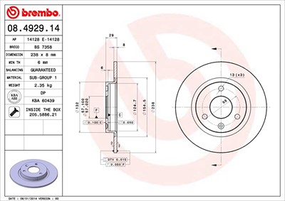 Brembo Bremsscheibe Vorderachse Voll [Hersteller-Nr. 08.4929.14] für Peugeot, Citroën von BREMBO