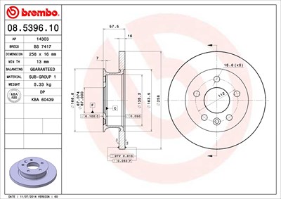 Brembo Bremsscheibe Vorderachse Voll [Hersteller-Nr. 08.5396.10] für VW von BREMBO