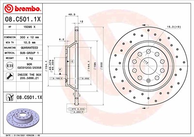 Brembo Bremsscheibe XTRA voll hinten [Hersteller-Nr. 08.C501.1X] für Audi, Seat, Skoda, VW von BREMBO