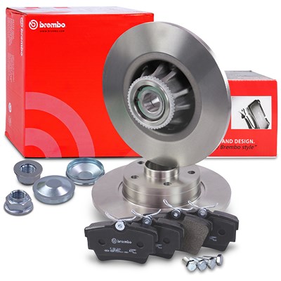 Brembo Bremsscheibe voll mit Radlager und ABS-Ring +Bremsbeläge hinten für Nissan, Opel, Renault von BREMBO