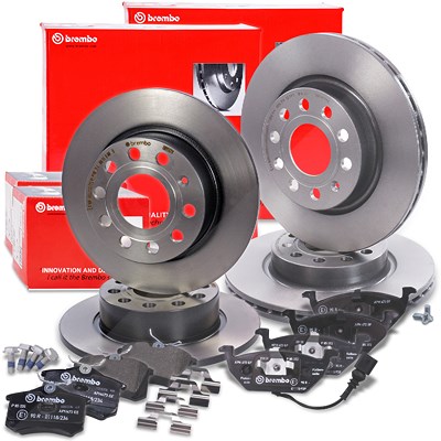 Brembo Bremsscheiben +Bremsbeläge vorne+hinten für Audi, Seat, Skoda, VW von BREMBO