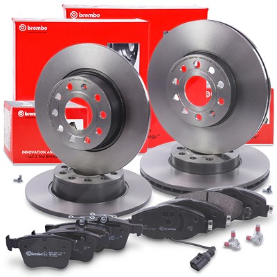 Brembo Bremsscheiben +Bremsbeläge vorne+hinten für Audi, Seat, Skoda, VW von BREMBO