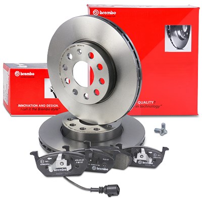 Brembo Bremsscheiben +Bremsbeläge mit Warnkontakt vorne für Audi, Seat, Skoda, VW von BREMBO