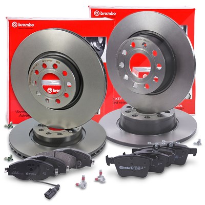 Brembo Bremsscheiben +Bremsbeläge vorne+hinten für Audi, Seat, Skoda, VW von BREMBO