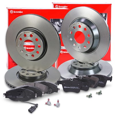 Brembo Bremsscheiben +Bremsbeläge vorne+hinten für Audi, Seat, Skoda, VW von BREMBO