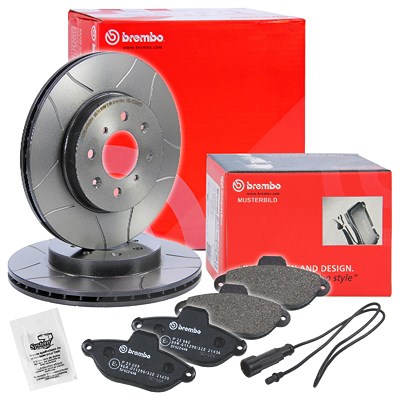 Brembo Bremsscheiben Sport Max+Beläge mit VK Vorne für Audi, Seat, Skoda, VW von BREMBO