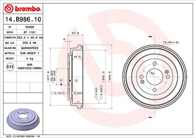 Brembo 1x Bremstrommel [Hersteller-Nr. 14.B986.10] für Hyundai, Kia von BREMBO