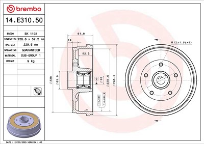 Brembo Bremstrommel [Hersteller-Nr. 14.E310.50] für Dacia, Renault von BREMBO