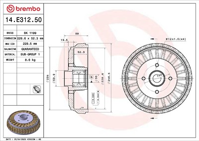 Brembo Bremstrommel [Hersteller-Nr. 14.E312.50] für Lada, Dacia, Citroën, Ds, Renault, Peugeot von BREMBO