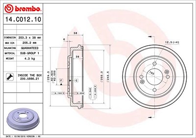 Brembo 1x Bremstrommel [Hersteller-Nr. 14.C012.10] für Hyundai von BREMBO