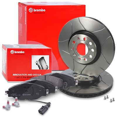 Brembo Sport Max Scheiben+Beläge+VWK Vorne Belüftet für Audi, Seat, Skoda, VW von BREMBO