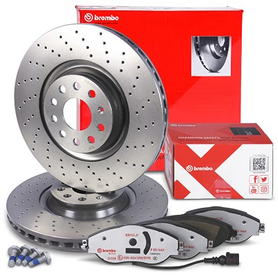 Brembo XTRA Bremsscheiben +Bremsbeläge mit Warnkontakt vorne für Audi, Cupra, Seat, Skoda, VW von BREMBO