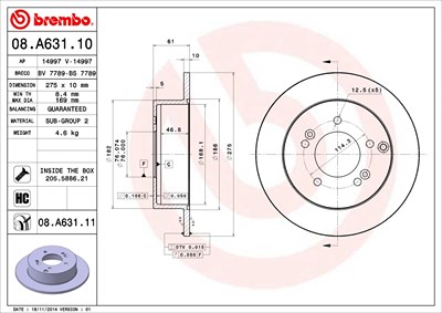 Brembo Bremsscheibe [Hersteller-Nr. 08.A631.11] für Kia von BREMBO