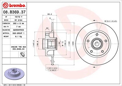 Brembo 1x Bremsscheibe [Hersteller-Nr. 08.B369.37] für Renault von BREMBO