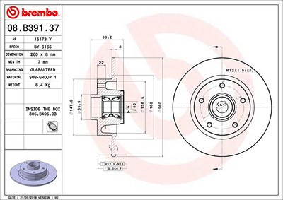 Brembo 1x Bremsscheibe [Hersteller-Nr. 08.B391.37] für Renault von BREMBO