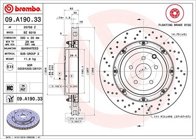 Brembo 1x Bremsscheibe [Hersteller-Nr. 09.A190.33] für Nissan von BREMBO