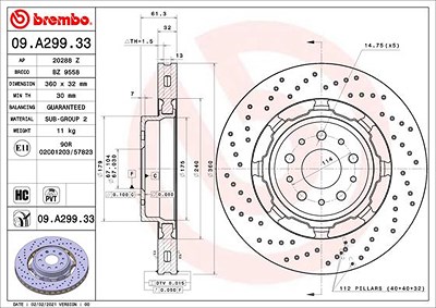 Brembo 1x Bremsscheibe [Hersteller-Nr. 09.A299.33] für Maserati von BREMBO